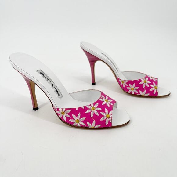 Manolo Blahnik Vintage y2k Pink White Daisy Floral Open Toe Mule Sandal IT 38 - Picture 2 of 13